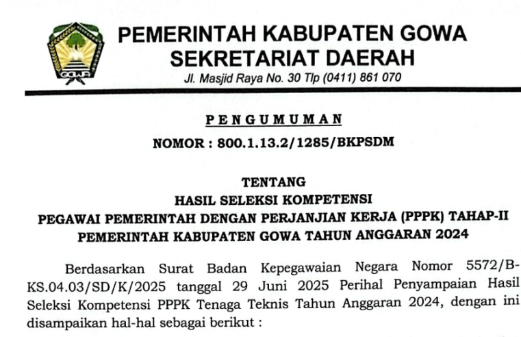 Hasil Seleksi Kompetensi Tahap II Pemkab Gowa Tahun 2024