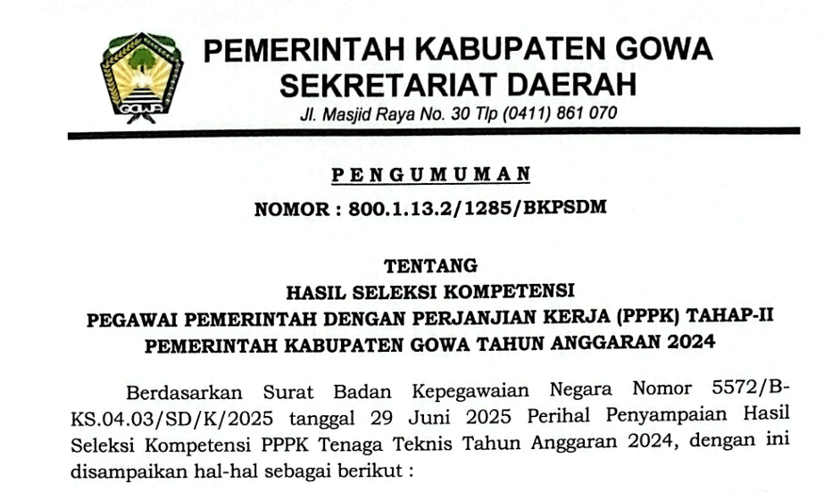 Hasil Seleksi Kompetensi Tahap II Pemkab Gowa Tahun 2024