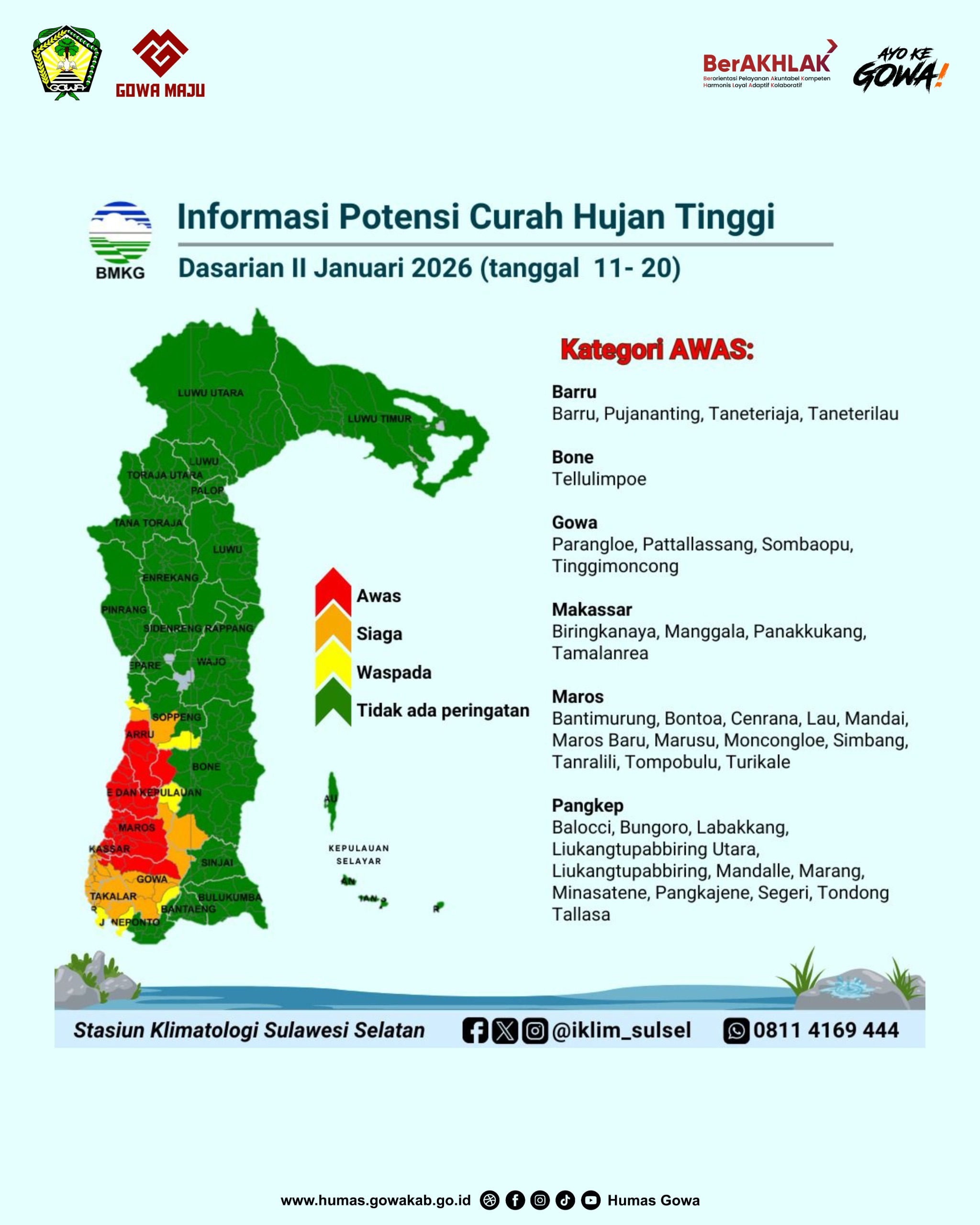 Potensi Curah Hujan Tinggi di Gowa, Bupati Talenrang Imbau Warga Tingkatkan Kewaspadaan